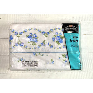 Vintage 1970s NOS  Twin Flat Sheet Fruit Of The Loom Muslin Blue Rose Flower